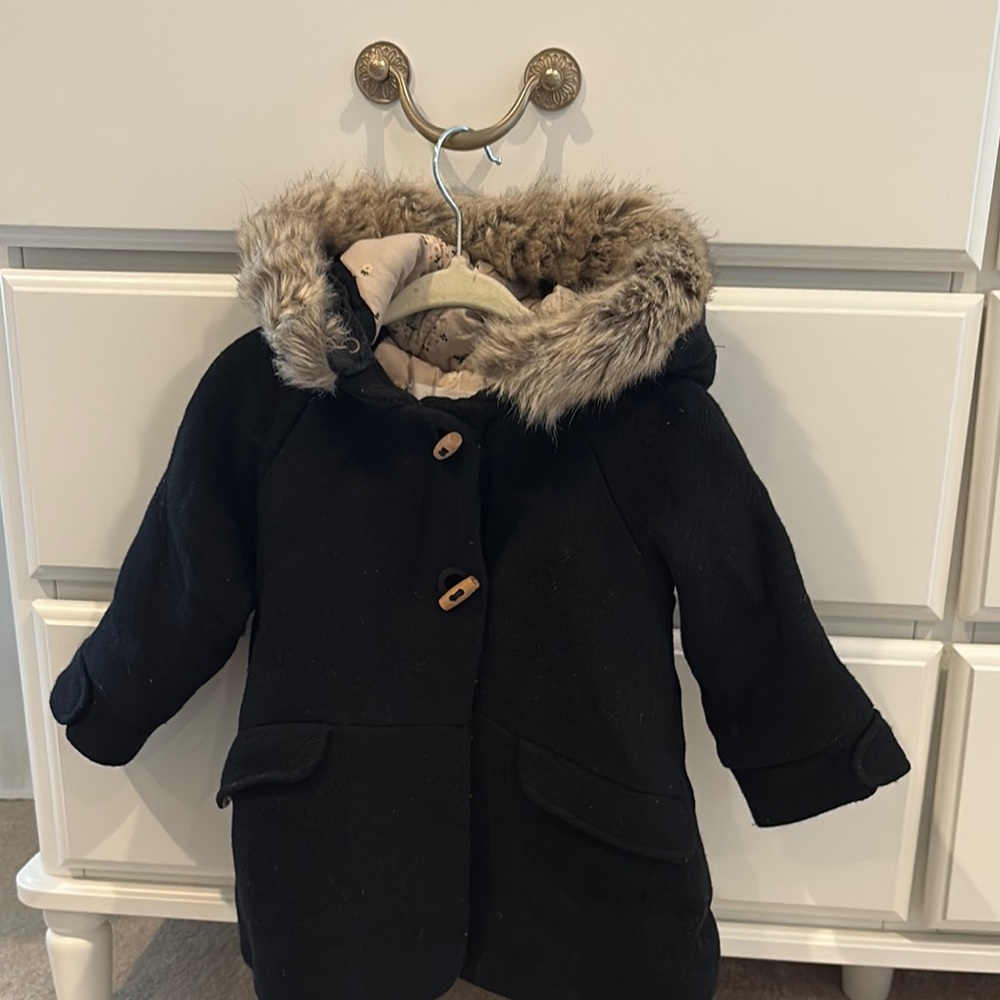 Zara Kids Black Fur-Trimmed Coat